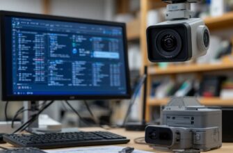 Инженер настраивает систему удаленного мониторинга 3D-фермы: установка IP-камеры с ИИ-детекцией дефектов и датчиков температуры/влажности на 3D-принтере, экран с дашбордом телеметрии в реальном времени