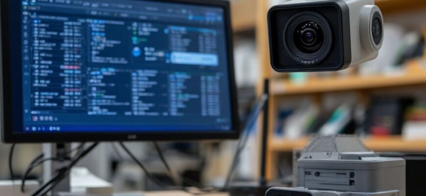 Инженер настраивает систему удаленного мониторинга 3D-фермы: установка IP-камеры с ИИ-детекцией дефектов и датчиков температуры/влажности на 3D-принтере, экран с дашбордом телеметрии в реальном времени