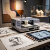 Художник и инженер осматривают крупную 3D-печатную скульптуру в мастерской: этап финишной постобработки и подготовки арт-объекта к выставке