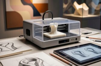 Художник и инженер осматривают крупную 3D-печатную скульптуру в мастерской: этап финишной постобработки и подготовки арт-объекта к выставке
