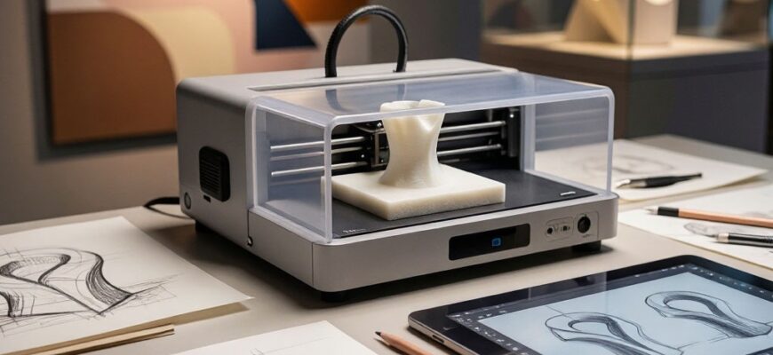 Художник и инженер осматривают крупную 3D-печатную скульптуру в мастерской: этап финишной постобработки и подготовки арт-объекта к выставке