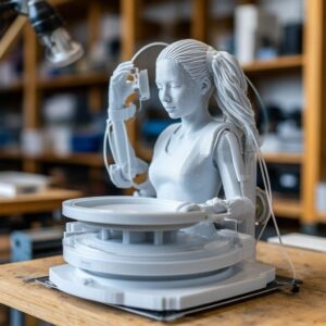 Инженер анализирует график сравнения стоимости 3D-печати и фрезеровки (CNC) в зависимости от тиража: оценка точки безубыточности и экономической эффективности рядом с образцами деталей