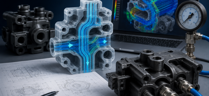 Инженер проводит пневмоиспытания 3D-печатного коллектора или пневматического клапана в водяной ванне: проверка герметичности внутренних каналов и воздушных путей под давлением
