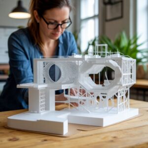 Маркетолог и дизайнер оценивают 3D-печатный брендированный инсталляционный элемент или интерактивный мерч, демонстрирующий переход от цифровой концепции к осязаемому бренд-опыту для клиентов
