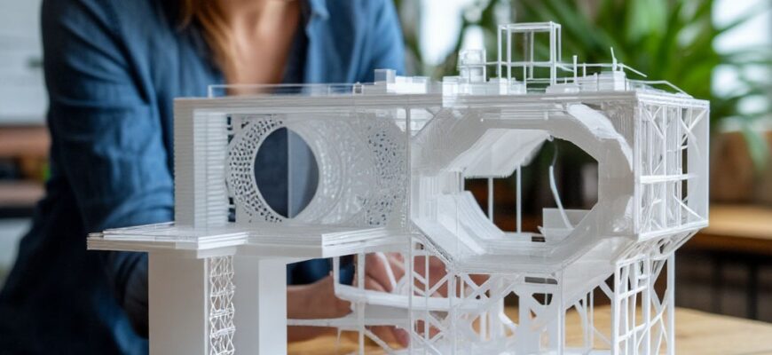 Маркетолог и дизайнер оценивают 3D-печатный брендированный инсталляционный элемент или интерактивный мерч, демонстрирующий переход от цифровой концепции к осязаемому бренд-опыту для клиентов