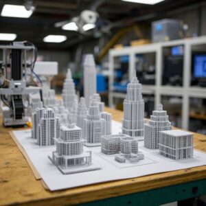 Дизайнер и инженер проверяют партию 3D-печатных авторских миниатюр или дизайнерских изделий на рабочем столе 3D-фермы, оценивая качество и готовность персонального проекта к серийному выпуску