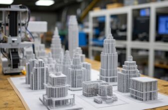 Дизайнер и инженер проверяют партию 3D-печатных авторских миниатюр или дизайнерских изделий на рабочем столе 3D-фермы, оценивая качество и готовность персонального проекта к серийному выпуску