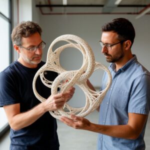Художник и инженер рассматривают сложную 3D-печатную скульптуру с органической геометрией и переплетающимися структурами, демонстрируя переход от невозможной для литья формы к физическому объекту