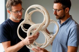 Художник и инженер рассматривают сложную 3D-печатную скульптуру с органической геометрией и переплетающимися структурами, демонстрируя переход от невозможной для литья формы к физическому объекту