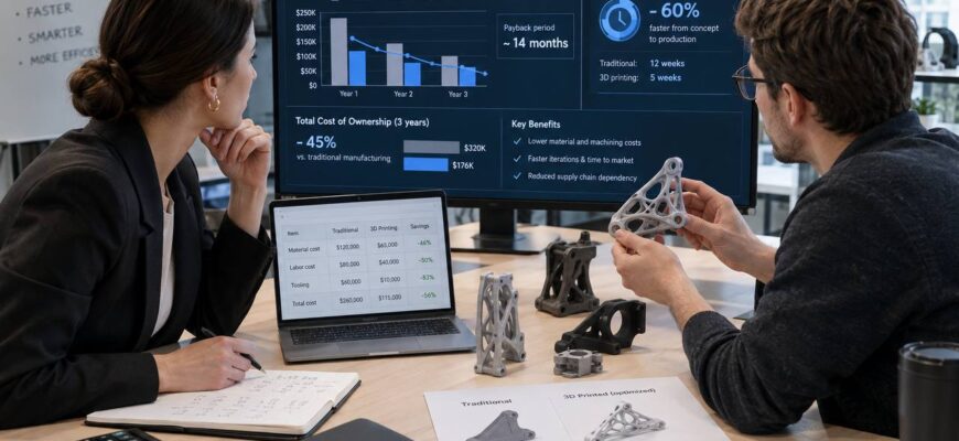 Финансовый директор и инженер R&D анализируют график окупаемости и физические 3D-печатные прототипы, оценивая реальное снижение затрат и ускорение циклов разработки внутри компании