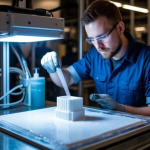 Технолог выполняет полный цикл постобработки 3D-печатной детали: промывка в IPA-ванне, UV-отверждение в камере и финишная шлифовка поверхности для достижения премиального качества
