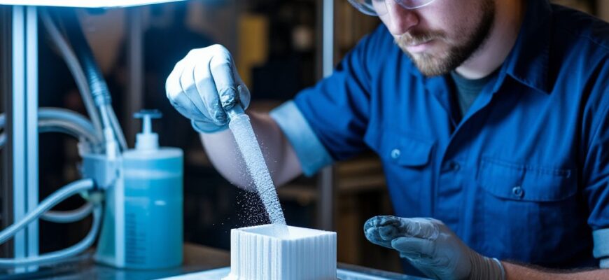 Технолог выполняет полный цикл постобработки 3D-печатной детали: промывка в IPA-ванне, UV-отверждение в камере и финишная шлифовка поверхности для достижения премиального качества