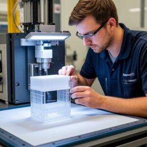 Инженер сравнивает CAD-модель с готовой SLA-деталью, измеряя микрометром фактические размеры после пост-отверждения: анализ усадки фотополимера и настройка компенсаций в слайсере