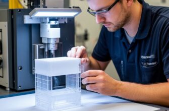 Инженер сравнивает CAD-модель с готовой SLA-деталью, измеряя микрометром фактические размеры после пост-отверждения: анализ усадки фотополимера и настройка компенсаций в слайсере