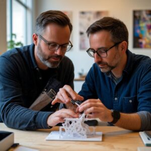 Художник и инженер тестируют 3D-печатный кинетический арт-объект с движущимися элементами, оценивая плавность хода встроенных шарниров и интерактивность механизма