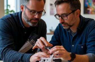 Художник и инженер тестируют 3D-печатный кинетический арт-объект с движущимися элементами, оценивая плавность хода встроенных шарниров и интерактивность механизма