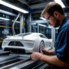 Инженер осматривает высокоточную 3D-печатную модель автомобиля или крыла перед установкой в аэродинамическую трубу, проверяя гладкость поверхности и внутренние каналы для датчиков давления