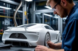 Инженер осматривает высокоточную 3D-печатную модель автомобиля или крыла перед установкой в аэродинамическую трубу, проверяя гладкость поверхности и внутренние каналы для датчиков давления