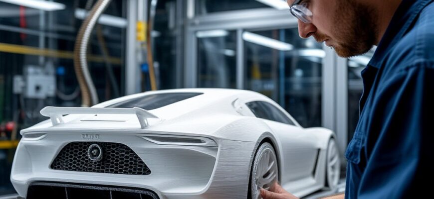 Инженер осматривает высокоточную 3D-печатную модель автомобиля или крыла перед установкой в аэродинамическую трубу, проверяя гладкость поверхности и внутренние каналы для датчиков давления