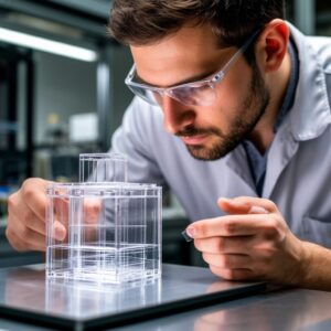 Инженер оценивает оптическую прозрачность и отсутствие искажений 3D-печатной детали из поликарбоната, сравнивая её с эталоном после термообработки и химической полировки