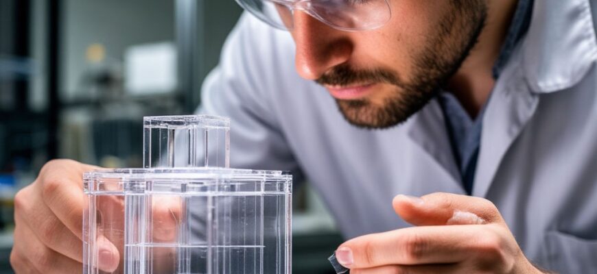 Инженер оценивает оптическую прозрачность и отсутствие искажений 3D-печатной детали из поликарбоната, сравнивая её с эталоном после термообработки и химической полировки