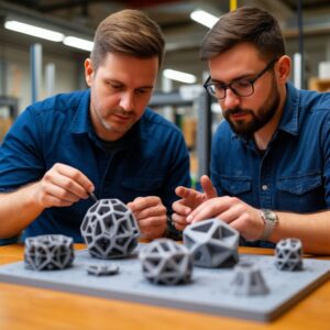 Инженер и дизайнер оценивают партию кастомизированных 3D-печатных изделий с уникальной параметрической геометрией, демонстрируя одинаковую себестоимость производства благодаря оптимизации нестинга на платформе