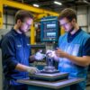 Инженер ОТК сравнивает данные разрывной машины и 3D-сканера с цифровым двойником детали: финальный метрологический контроль прочности и геометрии перед отгрузкой промышленной партии