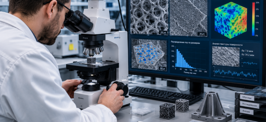 Инженер исследует микроструктуру 3D-печатной детали под микроскопом, анализируя влияние внутренней пористости и текстуры поверхности на механическую прочность и промышленную надёжность изделия
