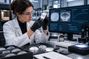 Инженер оценивает оптическую прозрачность 3D-печатной детали (светорассеивателя или линзы), сравнивая её с эталоном после химической полировки и точной настройки параметров экспозиции