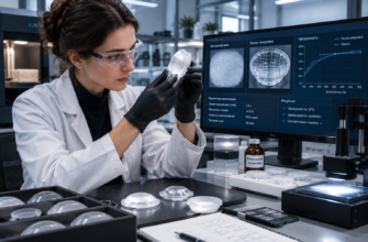 Инженер оценивает оптическую прозрачность 3D-печатной детали (светорассеивателя или линзы), сравнивая её с эталоном после химической полировки и точной настройки параметров экспозиции