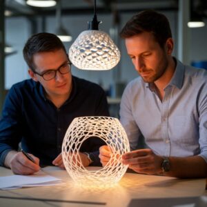Дизайнер и инженер тестируют 3D-печатный абажур или светорассеиватель сложной параметрической формы, оценивая качество светопропускания и отсутствие дефектов слоев при использовании FDM и SLA технологий
