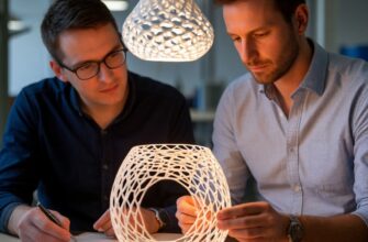 Дизайнер и инженер тестируют 3D-печатный абажур или светорассеиватель сложной параметрической формы, оценивая качество светопропускания и отсутствие дефектов слоев при использовании FDM и SLA технологий