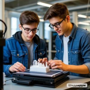 Студент и молодой инженер работают с 3D-принтером в университетской лаборатории, изучая напечатанный прототип детали и сравнивая его с 3D-моделью на экране для закрепления практических навыков