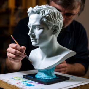 Художник вручную расписывает и дорабатывает 3D-печатную скульптуру или реквизит, превращая технологичную цифровую заготовку в уникальный авторский арт-объект с помощью традиционных техник