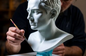 Художник вручную расписывает и дорабатывает 3D-печатную скульптуру или реквизит, превращая технологичную цифровую заготовку в уникальный авторский арт-объект с помощью традиционных техник