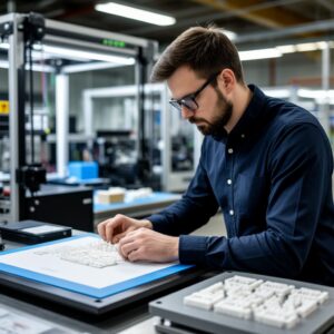 Менеджер производства управляет парком 3D-принтеров через единую систему мониторинга, планируя переход от печати единичного прототипа к серийному выпуску партии деталей с контролем нестинга и постобработки
