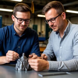 Инженер сравнивает 3D-печатную деталь и фрезерованный аналог, анализируя скрытые ограничения аддитивных технологий (анизотропия, шероховатость) и применяя гибридные методы для их преодоления в машиностроении