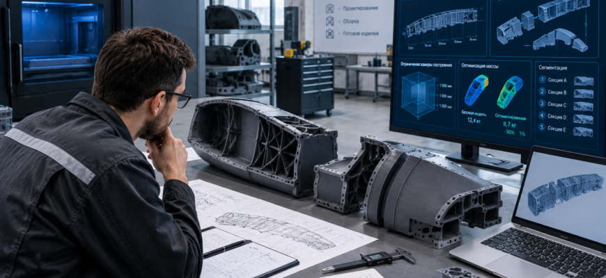 Инженер анализирует крупногабаритную 3D-печатную деталь, разделенную на сегменты для сборки, оценивая способы преодоления ограничений размера камеры построения и оптимизации массы изделия