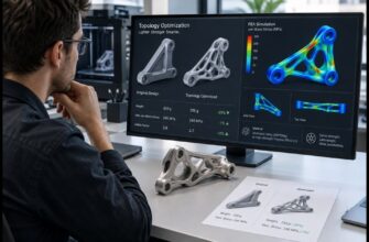 Инженер анализирует топологически оптимизированный 3D-печатный кронштейн из алюминиевого сплава или высокопрочного полимера, сравнивая показатели снижения веса и сохранения прочности на экране с FEA-симуляцией