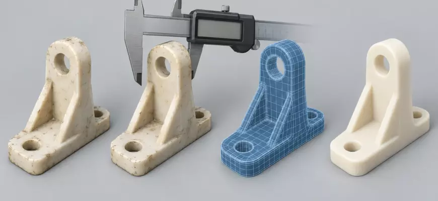 Этапы реверс-инжиниринга кронштейна: образец, измерение, CAD-модель и новая деталь
